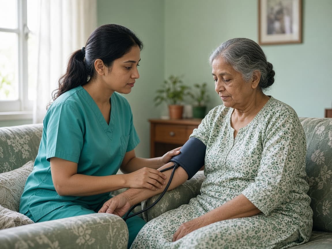 A nurse checking blood pressure during a home visit